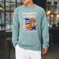 Women's Unearth A Story Reading Mammoth Prehistoric Book Librarian Raglan Sleeve Sweatshirt Cardinal
