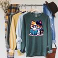 Adorable Book Lover Calico Cat With Reading Glasses Cute For Men Women Kids Raglan Sleeve Sweatshirt Heather Blue Lagoon