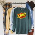 Boy Five Superhero Comic Book Hero 5th Birthday Boy 5 Years Raglan Sleeve Sweatshirt Heather Blue Lagoon