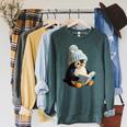 Cute Penguin Reading Book Faux-Crochet Print Raglan Sleeve Sweatshirt Heather Blue Lagoon