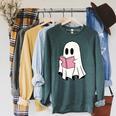 Cute Retro Reading Book Library Ghost Costume Raglan Sleeve Sweatshirt Heather Blue Lagoon