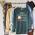 Easily Distracted By Cats And Books Cute Book Lover Raglan Sleeve Sweatshirt Heather Blue Lagoon