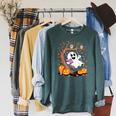 Ghost Reading Book On Swing Halloween Autumn Art Raglan Sleeve Sweatshirt Heather Blue Lagoon