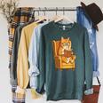 Ginger Tabby Cat Reading Book Glasses Retro Illustration Raglan Sleeve Sweatshirt Heather Blue Lagoon