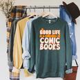 A Good Life Is A Collection Of Comic Books Graphic Vintage Raglan Sleeve Sweatshirt Heather Blue Lagoon