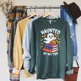 Haunted By My TBR Cute Ghost Reading Books Pumpkin Bookworms Raglan Sleeve Sweatshirt Heather Blue Lagoon