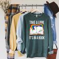 Take A Look It's In A Book Rainbow Bookworm And Book Lover Raglan Sleeve Sweatshirt Heather Blue Lagoon