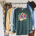 Open Book With Colorful Hibiscus Flowers Bloom Raglan Sleeve Sweatshirt Heather Blue Lagoon