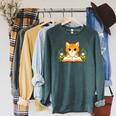 Orange Cat Reading Book Flowers Raglan Sleeve Sweatshirt Heather Blue Lagoon Orange Cat Reading Book Flowers Raglan Sleeve Sweatshirt Heather Blue Lagoon