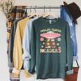 Take Me To Your Readers Groovy Book Reader Book Reading Raglan Sleeve Sweatshirt Heather Blue Lagoon