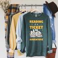 Reading Is A Ticket To Adventure Book Reader Lover Bookworm Raglan Sleeve Sweatshirt Heather Blue Lagoon