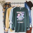 Reading Is Out Of This World Astronaut Space Book Lover Raglan Sleeve Sweatshirt Heather Blue Lagoon