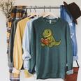 T-Rex Dinosaur Reading Book Nerd Raglan Sleeve Sweatshirt Heather Blue Lagoon