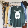 Teacher Librarian Halloween Cute Ghost Books Library Women Raglan Sleeve Sweatshirt Heather Blue Lagoon