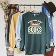 When I Think About Books I Touch My Shelf Book Lovers Read Raglan Sleeve Sweatshirt Heather Blue Lagoon