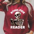 Bonafide Reader Cute Skeleton Reading a Book Lover Bookish Raglan Sleeve Sweatshirt Heather Dust