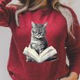 Cat Bookworm Reading Book Graphic Raglan Sleeve Sweatshirt Heather Dust