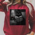 Cat Reading Book Retro Cat Photo Humor Raglan Sleeve Sweatshirt Heather Dust