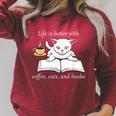 Cute Cat Book Reading Coffee Raglan Sleeve Sweatshirt Heather Dust
