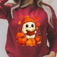Cute Ghost Reading Book Autumn Pumpkins Cat Coffee Halloween Raglan Sleeve Sweatshirt Heather Dust
