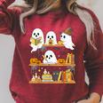 Cute Halloween Ghost Bookshelf Cat Book Lover Raglan Sleeve Sweatshirt Heather Dust