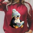 Cute Penguin Reading Book Faux-Crochet Print Raglan Sleeve Sweatshirt Heather Dust