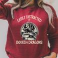 Easily Distracted By Books And Dragons Book Dragon Lover Raglan Sleeve Sweatshirt Heather Dust