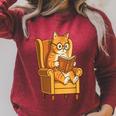 Ginger Tabby Cat Reading Book Glasses Retro Illustration Raglan Sleeve Sweatshirt Heather Dust