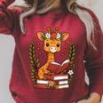Giraffe Reading Book Graphic Giraffe With Book Floral Raglan Sleeve Sweatshirt Heather Dust
