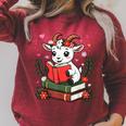 Goat Reading Book Graphic With Floral Raglan Sleeve Sweatshirt Heather Dust