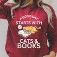 A Good Day Starts With Cats & Books Raglan Sleeve Sweatshirt Heather Dust