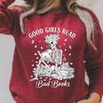 Good Girls Read Bad Books Skeleton Reading Book Halloween Raglan Sleeve Sweatshirt Heather Dust Good Girls Read Bad Books Skeleton Reading Book Halloween Raglan Sleeve Sweatshirt Heather Dust
