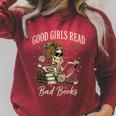 Good Girls Read Bad Books Vintage Skeleton Reader Raglan Sleeve Sweatshirt Heather Dust
