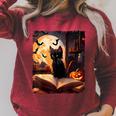 Halloween Cat Reading Books Spooky Cat Reader Teachers Raglan Sleeve Sweatshirt Heather Dust