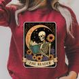 Halloween Tarot Card The Reader Skeleton Reading Books Raglan Sleeve Sweatshirt Heather Dust