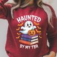 Haunted By My TBR Cute Ghost Reading Books Pumpkin Bookworms Raglan Sleeve Sweatshirt Heather Dust