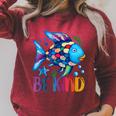 Kids Be Kind Rainbow Scale Fish Teacher Reading Book Toddler Raglan Sleeve Sweatshirt Heather Dust