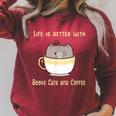 Life Is Better With Books Cats And Coffee Cute Kitten Raglan Sleeve Sweatshirt Heather Dust