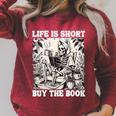 Life Is Short Buy The Book Skeleton Book Lover Reading Raglan Sleeve Sweatshirt Heather Dust