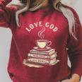 Love God Drink Coffee Read Books Graphic Book Reader Raglan Sleeve Sweatshirt Heather Dust