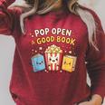 Pop Open A Good Book For School Librarian Popcorn Raglan Sleeve Sweatshirt Heather Dust
