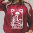 The Reader Tarot Card Book Lover Skeleton Reading Book Raglan Sleeve Sweatshirt Heather Dust