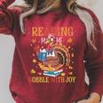 Reading Makes Me Gobble With Joy Turkey Reading Book L Raglan Sleeve Sweatshirt Heather Dust