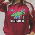 Readsaurus Reader Book Tyrannosaurus T-Rex Dinosaur Jurassic Raglan Sleeve Sweatshirt Heather Dust
