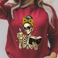 Skeleton Girl Drinking Coffee Bow Sunflower Book Lover Raglan Sleeve Sweatshirt Heather Dust