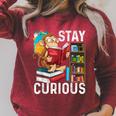 Stay Curious Monkey Reading Book Lover Bookworm Raglan Sleeve Sweatshirt Heather Dust