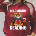 Tiger Reading Book Wearing Glasses Library Animal Raglan Sleeve Sweatshirt Heather Dust
