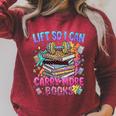Women's Book Lover Fitness Mom Lifting Reading Humor Graphic Raglan Sleeve Sweatshirt Heather Dust