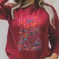 Women's Hot Girls Reader Floral Book Lover Cute Skeleton Reading Raglan Sleeve Sweatshirt Heather Dust