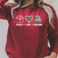 Women's Peace Love Reading Book Reader Book Lover Vintage Bookworm Raglan Sleeve Sweatshirt Heather Dust